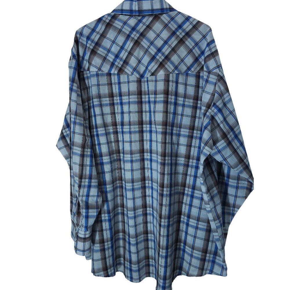 Men's 3X Plaid Western Snap Shirt Plains Big Man Cotton Blue/Brown - Picture 11 of 12